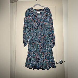 Maeve Navy Paisley Midi Dress with Teal & Coral Accents
